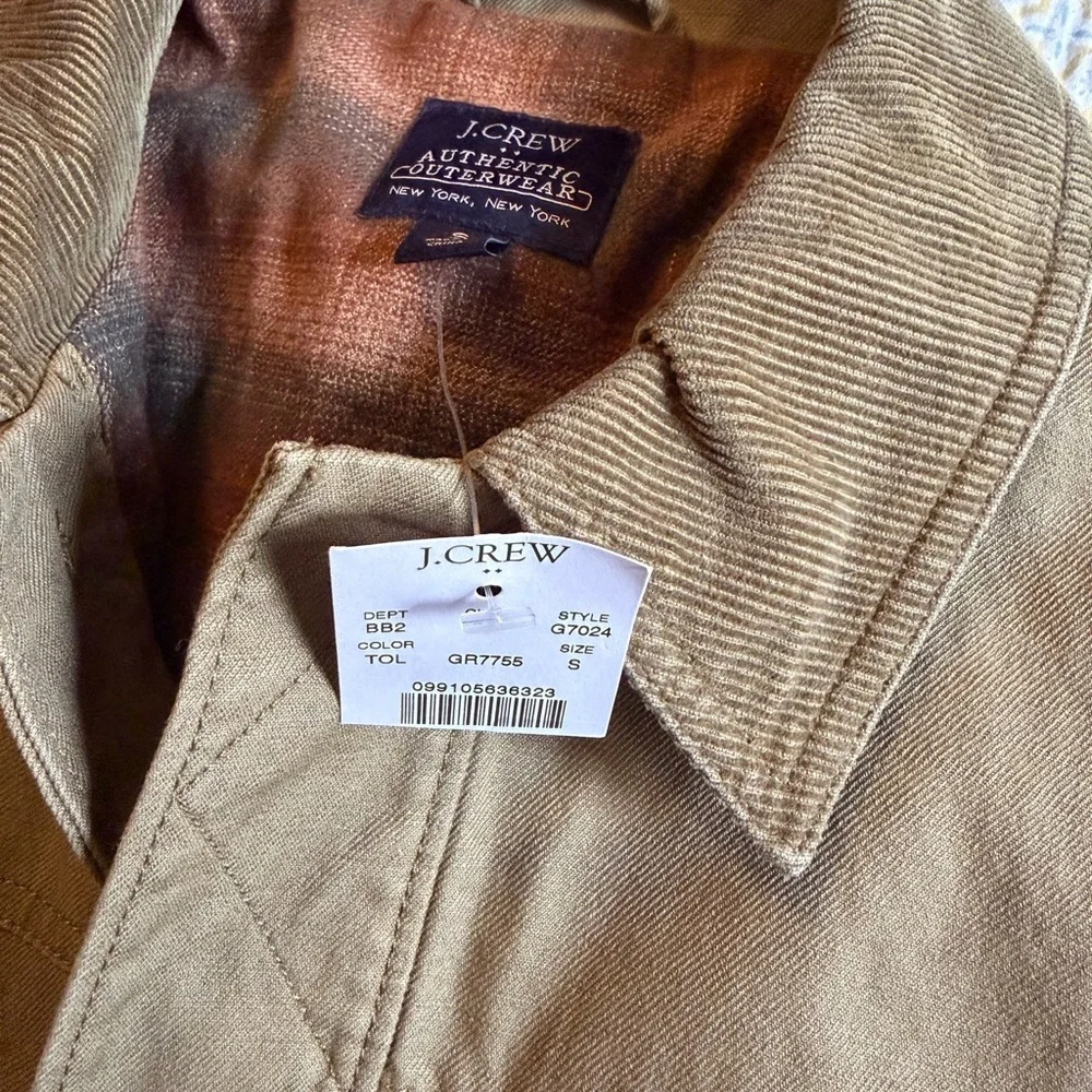 NWT J Crew Barn Jacket Flannel Lined Corduroy Collar Olive Green Small